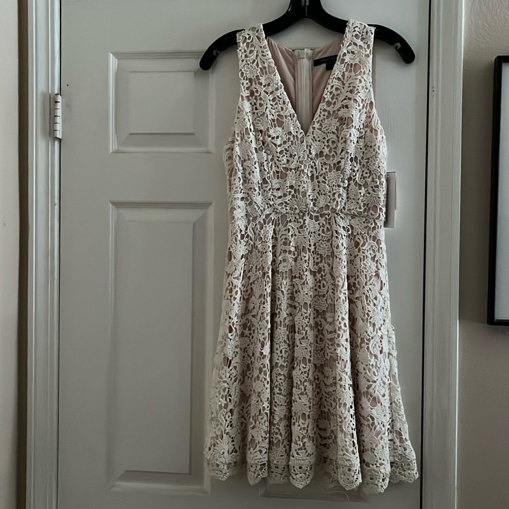 French Connection Cream Lace V-Neck Fit & Flare Dress